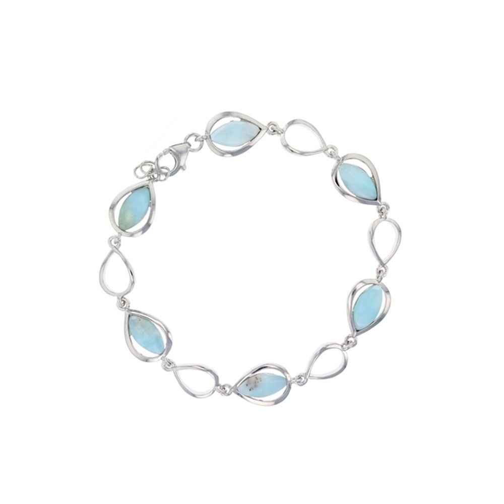 925 Sterling Silver 5 Marquise Shape Larimar In Open Drop Bracelet 7.5"